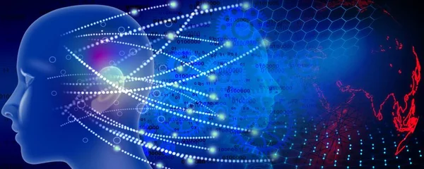 Beyin bilimi ve teknoloji, insan silueti ve koyu arkaplanda soyut çizgiler.