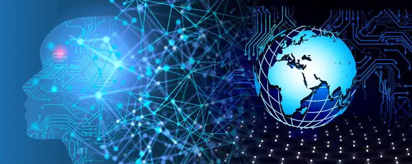 Dünya ve dijital bağlantıları olan soyut mavi arkaplan.