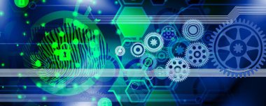 Teknoloji, dişliler ve dişliler ile soyut bir arka plan mavi ve beyaz. Dijital sanat tarzı. 3d