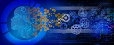 Dijital veri konseptinde parlayan dişli ve dişli soyut arkaplan, engelleme zinciri zekası, vektör illüstrasyonu