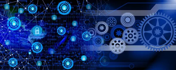 İnsan beyni, vites ve dişli tekerlekleri olan soyut bir arka plan. Dijital teknoloji ve internet kavramı.