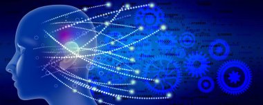 Mavi arka planda soyut insan kafası ve beyin dişlileri. 3d illüstrasyon