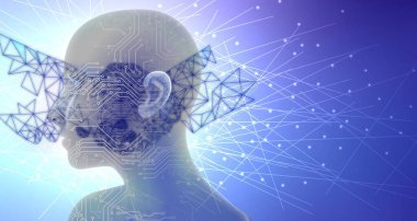 Yapay zekanın ve insan beyni temalı hologramın iki katına çıkarılması ve büyük adamın karanlık arka planda durması. 3d