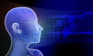 Dijital teknoloji kavramına sahip insan beyninin 3D çizimi