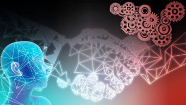 Mavi arka planda dişli ve dişli dişli insan beyni