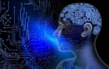 Yapay zeka kavramına sahip insan beyni ve devre kartı