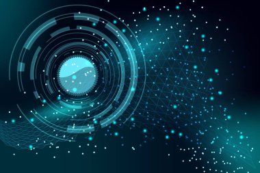 Parlak noktalı ve daireli soyut teknoloji arka planı. vektör illüstrasyonu