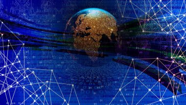 İkili kod ve noktalarla soyut arkaplan. 3D görüntüleme. bilgisayar dijital çizimi.