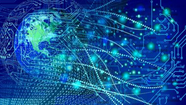 Dünya haritası ve teknoloji konseptiyle soyut bir arkaplan. 3d oluşturma