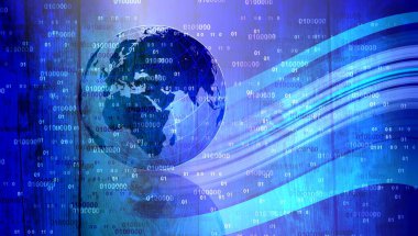 Dünya küresi ve ikili kodlu dijital dünya. global internet ağı. İş ve teknoloji geçmişi. 3d illüstrasyon