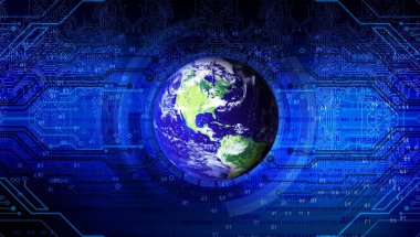 dijital illüstrasyon, teknolojili arkaplan ve mavi üzerine dünya haritası