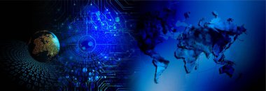 Karanlık bir arkaplanda dünya haritası olan soyut dijital küre.