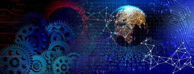 Vites ve dişli tekerlekleri olan soyut bir arka plan. 3d oluşturma