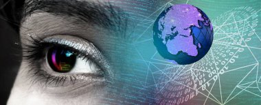 Mavi gözlü ve yeşil topraklı insan gözünün dijital bileşimi