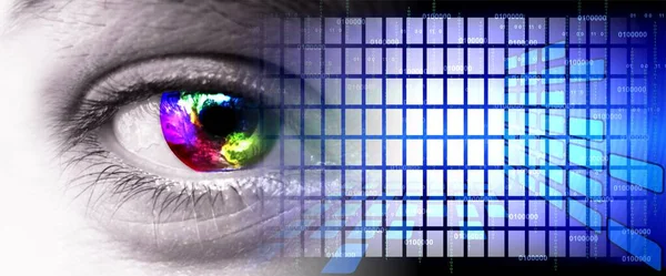 eye of the woman's eyes with blue and white stripes