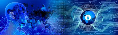 Siber güvenlik kavramı. İnsan beyni ve ikili kodlu soyut bir arka plan. 3d oluşturma