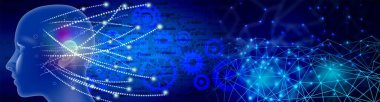 İnsan beyni ve dişlilerle soyut bir arka plan. Teknoloji konsepti 3d oluşturma