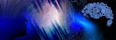 Yapay zeka konsepti. Vites ve dişli tekerlekleri olan soyut bir arka plan. 3d oluşturma