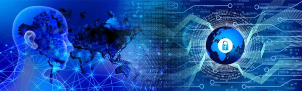 Siber güvenlik kavramı. İnsan beyni ve ikili kodlu soyut bir arka plan. 3d oluşturma