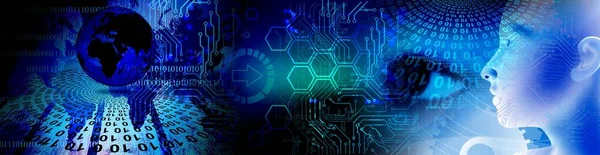 Mavi arkaplana karşı ikili kod ve okla soyut teknoloji arkaplanının dijital illüstrasyonu