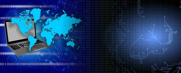 Mavi arka planda dizüstü bilgisayarı ve faresi olan dijital teknoloji kavramı