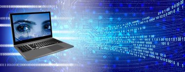 İkili kodlu mavi dizüstü bilgisayarın dijital bileşimi