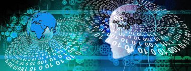 Mavi zemin üzerinde dünya haritası ve küresi olan ikili kodların dijital bileşimi