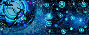 Siber güvenlik konsepti, internet teknolojisi ve ağ temalı hologram tasarımı. soyut dijital arkaplan ve büyük veri transferi.