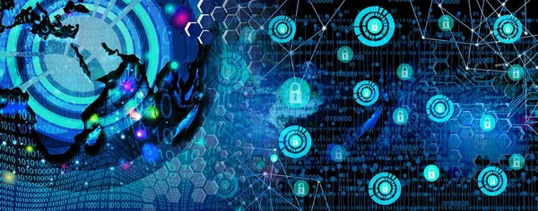 Siber güvenlik konsepti, internet teknolojisi ve ağ temalı hologram tasarımı. soyut dijital arkaplan ve büyük veri transferi.
