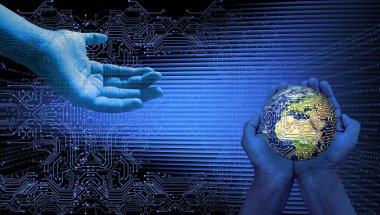 Dünya küresinin arka planında insan eliyle küresel bağlantı kavramı. karışık ortam