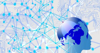 İnsan beyni, dijital ağ ve internet vektör illüstrasyonuna sahip soyut teknoloji arka planı