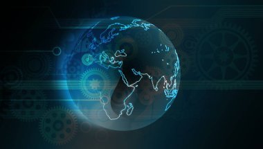 Dünya gezegeni, küresel internet ve teknoloji kavramına sahip gelecekçi bir dünyanın dijital illüstrasyonu