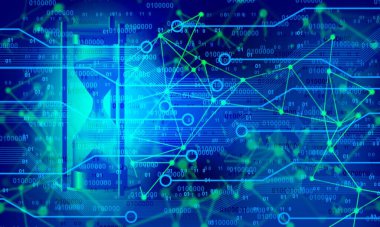 Mavi üzerine ikili kod ve dijital elementlerle soyut fütüristik arkaplan. teknoloji ve yenilik kavramı