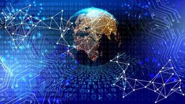 Teknolojik dijital internet ağı ve ikili kodlu soyut vektör arkaplanı