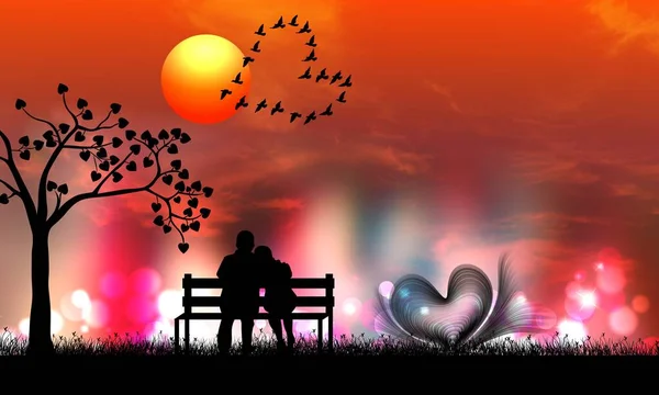 Silhouette Couple Sitting Bench Kissing — Foto Stock