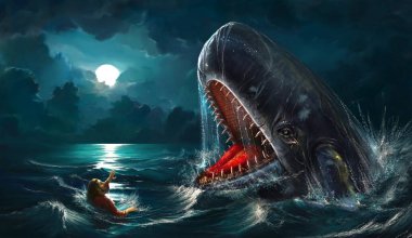 Jonah ve balina. Kağıt sanatı. Soyut, illüstrasyon, minimalizm. Dijital Sanat. İncil hikayesi.