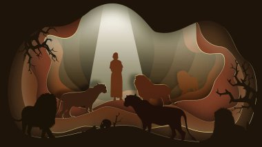 Daniel in the Lion's Den. Paper art. Abstract, illustration, minimalism. Digital Art. Bible story.