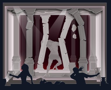 Samson, Dagon Tapınağı 'nda. İncil hikayesi. Kağıt sanatı. Soyut, illüstrasyon, minimalizm.