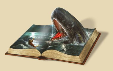Jonah ve balina. Kağıt sanatı. Soyut, illüstrasyon, minimalizm. Dijital Sanat.