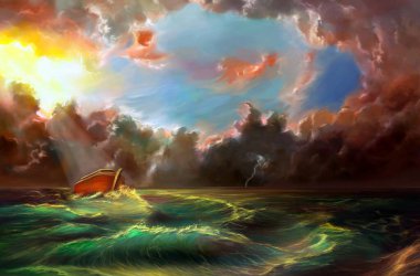 Noah's Ark. Paper art. Abstract, illustration, minimalism. Digital Art. Bible story.