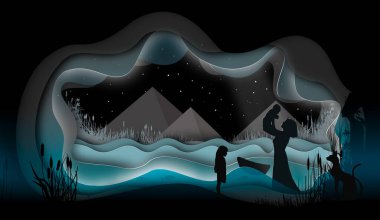 Sepetteki bebek Moses. Bir firavunun kızı tarafından bulundu. İncil hikayesi. Kağıt sanatı. Soyut, illüstrasyon, minimalizm. Dijital Sanat.