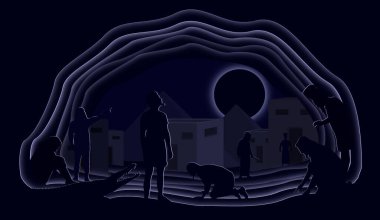 Mısır 'ın 10 Vebası. Karanlık. İncil hikayesi. Kağıt sanatı. Soyut, illüstrasyon, minimalizm. Dijital Sanat.