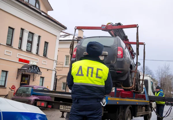 Tula Rusia Januari 2021 Seorang Polisi Lalu Lintas Mengendalikan Evakuasi Stok Foto