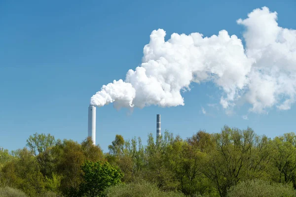 Coal Fired Power Plant Steaming Cooling Tower Front Green Forest — Stock Photo, Image
