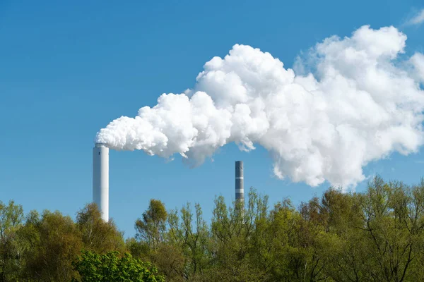 一座燃煤发电厂 其冷却塔后面青翠的树林和蓝天的背景后面冒出白色的蒸汽 — 图库照片