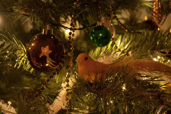 Some Christmas Tree Decorations Bird Ball — стоковое фото