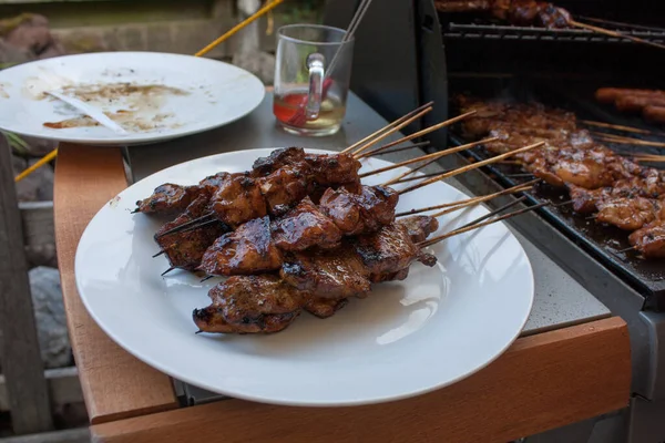 Grilled Chicken Shashlik White Plate Grill Oil Empty Plate Background —  Fotos de Stock