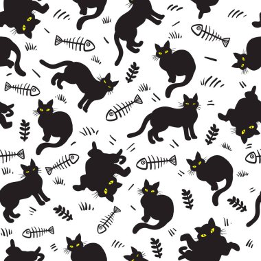 Siyah kediler siluet taşıyıcı ile kusursuz desen 