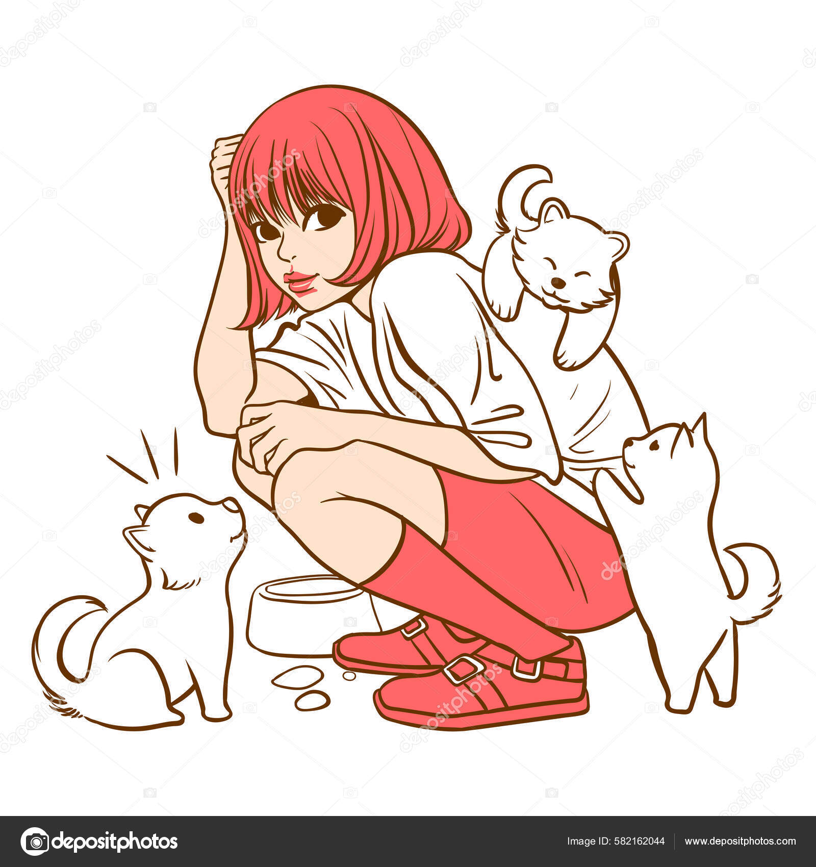 Little girl feeding a domestic dog Vector Art Stock Images | Depositphotos