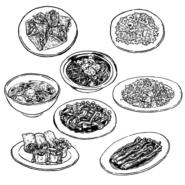 Vector Dibujado Mano Ilustración Blanco Negro Con Conjunto Platos Cocina — Vector de stock